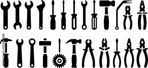 A collection of silhouetted hand tools including wrenches screwdrivers hammers pliers and more