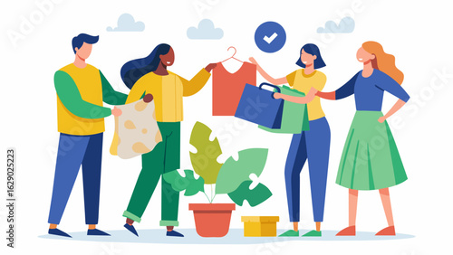 A group of friends organize a clothing swap to exchange unwanted clothes reducing the need to purchase new items and contributing to a circular.