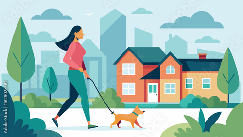 A peaceful early morning scene of a woman walking her dog in a quiet neighborhood adding physical activity to her daily routine while also reducing.