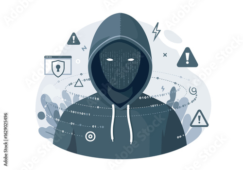 Hooded Hacker with Binary Code Face and Cyber Security Symbols.