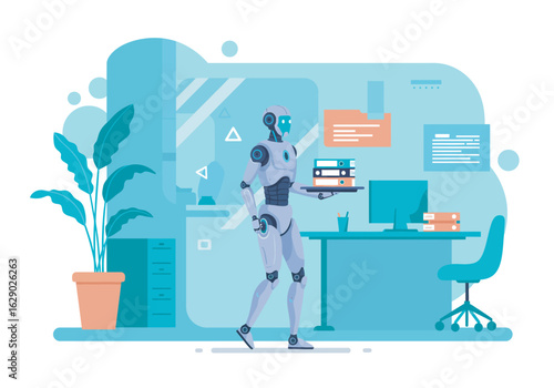 Grey humanoid robot carrying files walking in office.