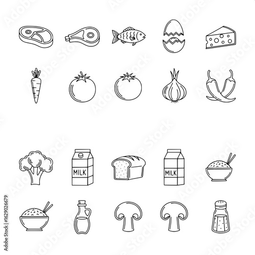 A minimal set of 16 black and white ingredient icons, featuring vegetables, dairy, meat, and seasonings. Ideal for cooking apps, recipe visuals, and food-related designs.