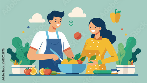 A couple participates in a cooking class that teaches them how to make nutritious meals that align with their fitness goals.. Vector illustration