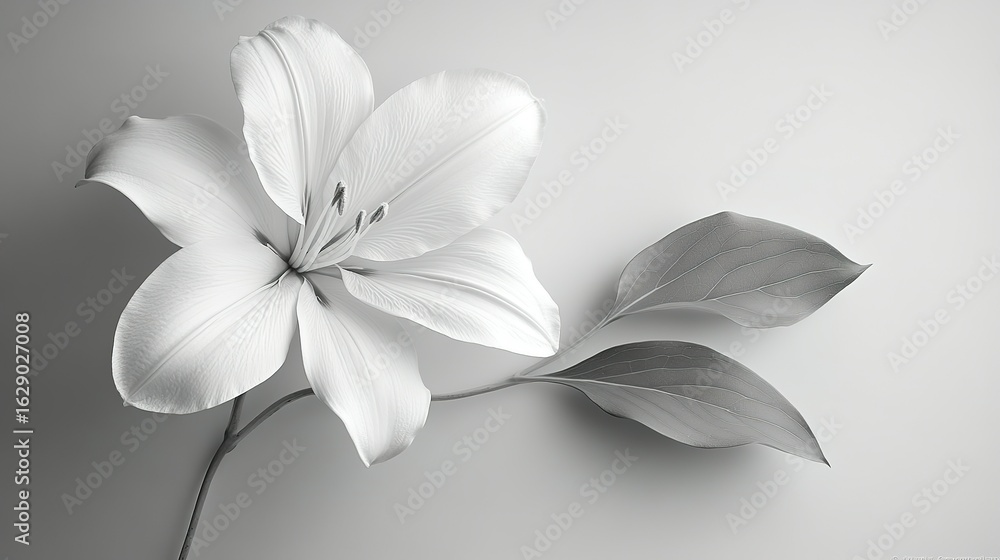 Fototapeta premium Elegant Monochrome Lily Blossom with Delicate Leaves on Soft Gray Background