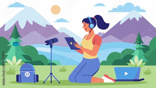 A fitness blogger recording a podcast in a scenic outdoor location discussing the power of nature in promoting overall wellness and physical activity.. Vector illustration