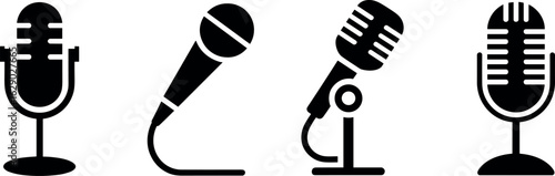 A collection of four stylized silhouette microphones showcasing diverse vintage and modern designs