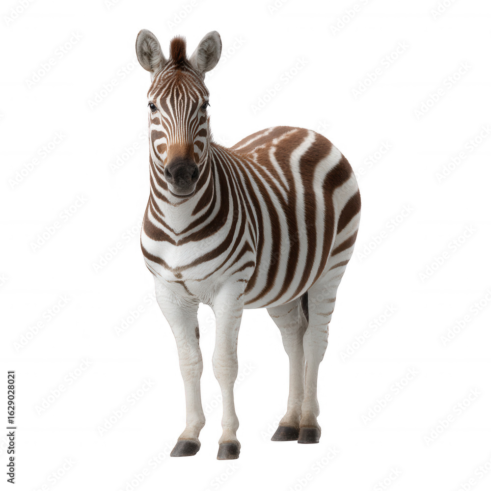 Fototapeta premium A unique zebra with brown and white stripes, standing tall and looking directly at the viewer, isolated on a white background.