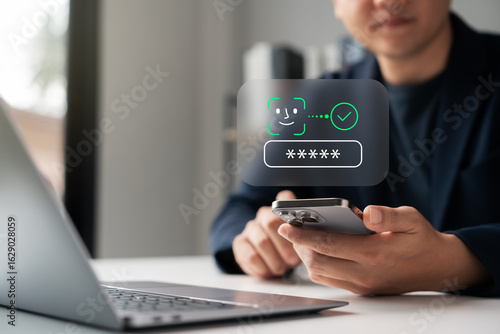 Fotografia Cybersecurity concept with man using smartphone and face recognition login on digital interface
