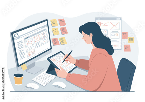 Focused UX Designer Sketching Website Wireframes on Tablet.
