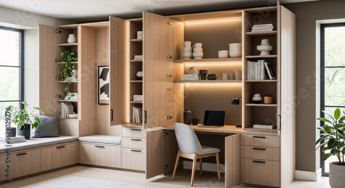 Modern light oak home office cabinetry with integrated desk shelving LED lighting and window seat.