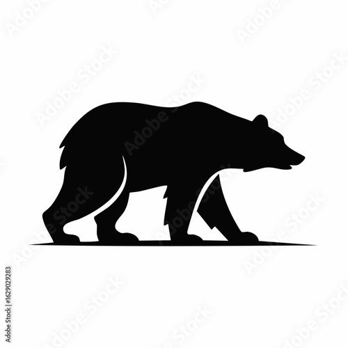 A stylized silhouette of a bear walking, depicted in profile view against a white background.