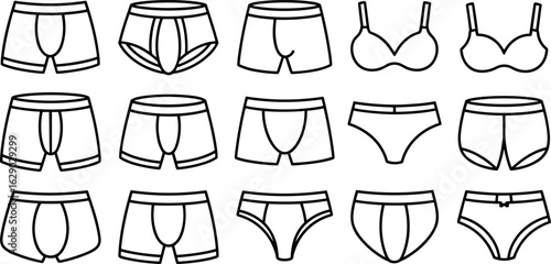 A collection of hand drawn illustrations showcasing various styles of men s and women s underwear