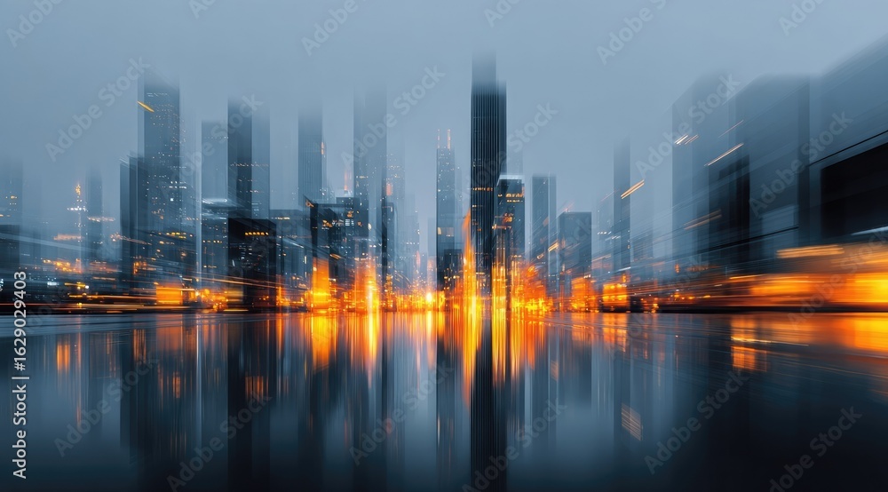 Fototapeta premium Blurry cityscape at night, reflected in still water