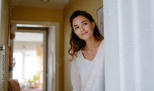 A young mother stands in the doorway of her son’s bedroom, leaning in as she opens the door. Free Download A young mother stands in the doorway of her son’s bedroom, leaning in as she opens the door. - GFXLoad