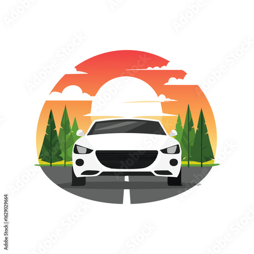 Black and white vector car driving through a sunset