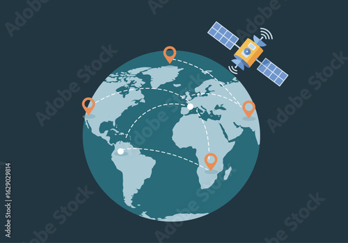 Global Network Map with Satellite and Location Markers.