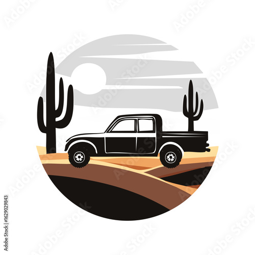 Black and white vector pickup truck driving through a desert