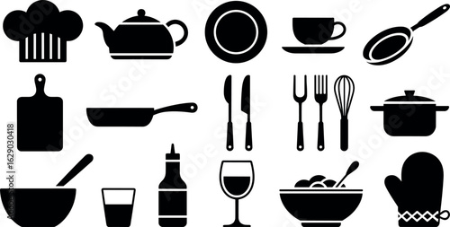 Collection of black silhouette kitchenware and cooking utensils featuring chef hat teapot pan and utensils