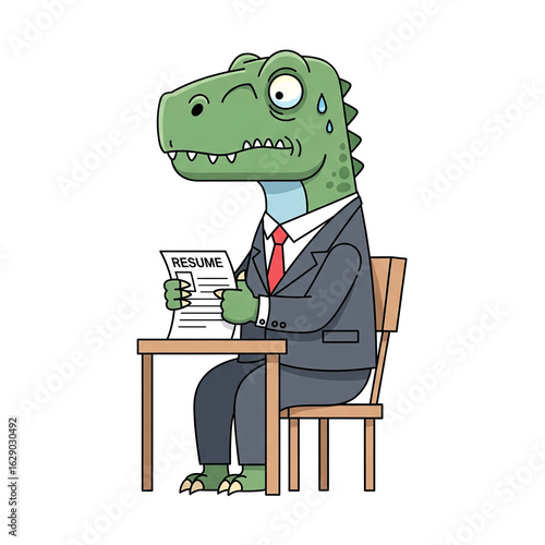 A cartoon dinosaur in a suit, looking stressed while reviewing a resume.