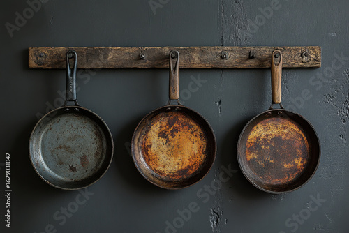 frying pans hanging on wall.