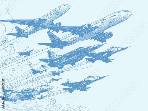 Detailed Airplane Illustrations Flying Together