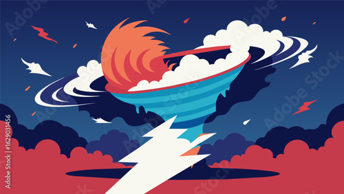 A cyclone through a fictional nation representing the destructive consequences of divisive rhetoric and hate speech from political leaders..