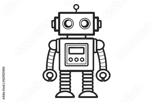 Black and white line drawing of a cute, friendly robot character android cyborg