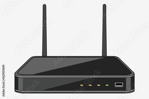 Black Wireless Router with Two Antennas and Indicator Lights modem internet