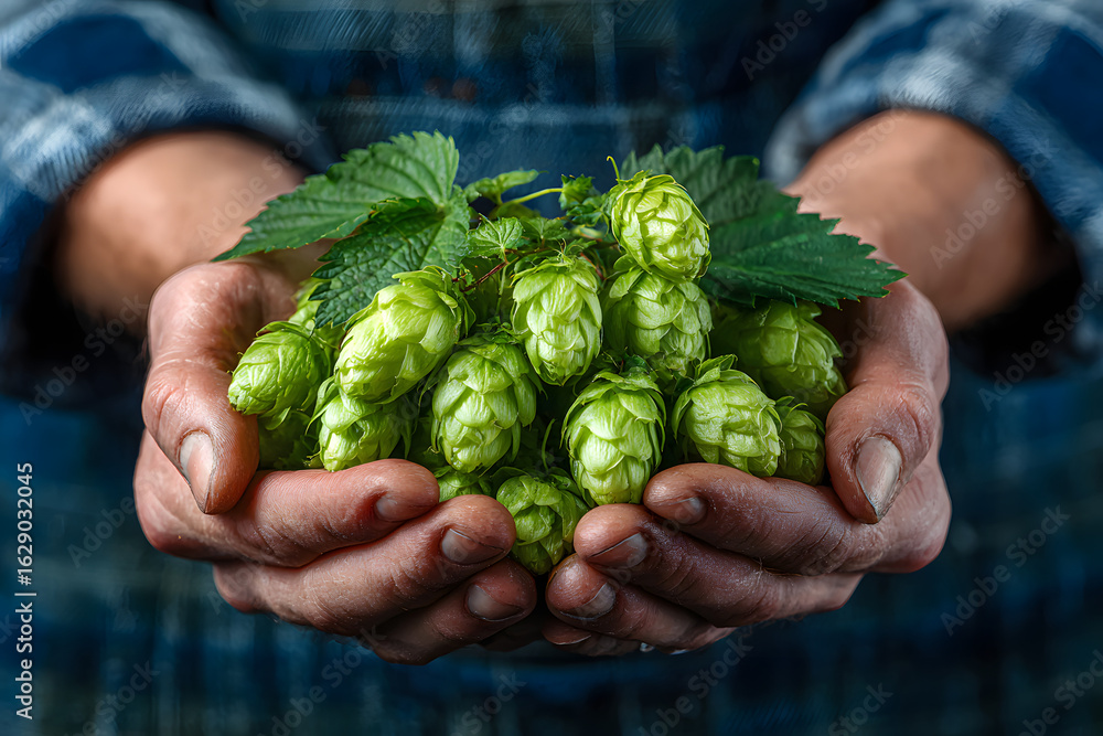 Green hops for beer. Man holding fresh hop in his hands. Craft beer ingredients at a brewery Green hops for beer. Man holding fresh hop in his hands. Craft beer ingredients at a brewery