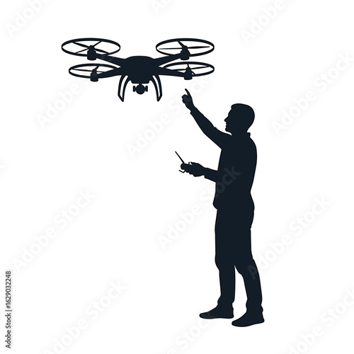 Silhouette of a man controlling a drone with a remote pointing upwards in a vector illustration art