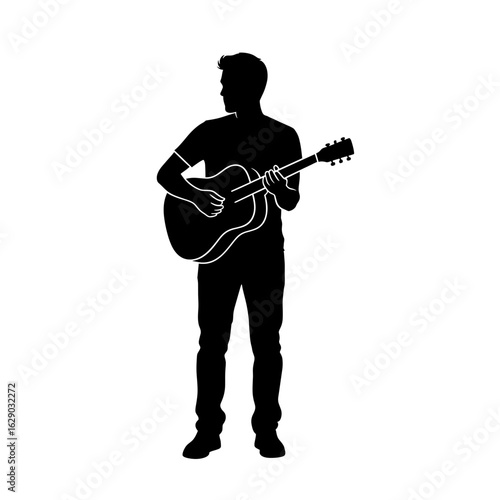Silhouette of a person playing an acoustic guitar while looking over their shoulder in a vector image