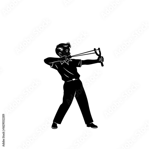 Illustration of a boy aiming a slingshot with both hands and wearing a collared shirt and pants drawing