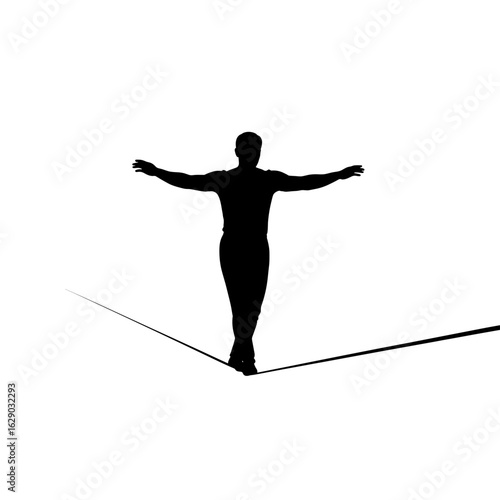Silhouette of a person balancing with arms outstretched on a tightrope in a minimalist presentation