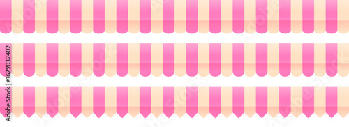 Striped shop tent repeated design set. Store window awning pattern collection. Cafe or restaurant roof canopy pack. Pink and cream stall market place cover. Repeating stripe sunshade design. Vector