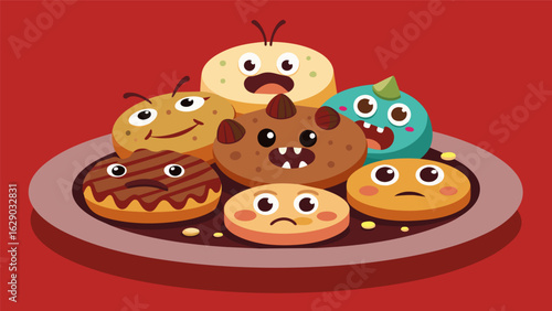 A dessert platter with various types of cookies each one decorated with a different fearful expression..