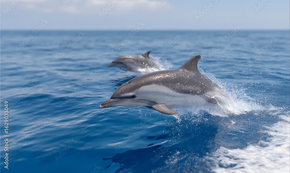 Fototapeta premium A family of dolphins swims in the open ocean. One of the dolphins has leapt out of the water, its entire body suspended in the air