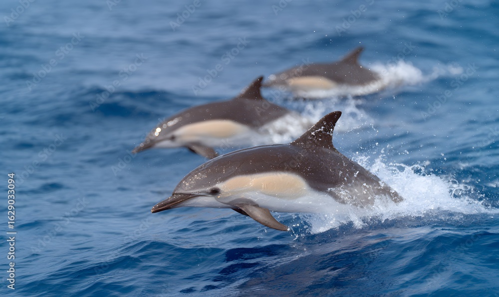 Naklejka premium A family of dolphins swims in the open ocean. One of the dolphins has leapt out of the water, its entire body suspended in the air