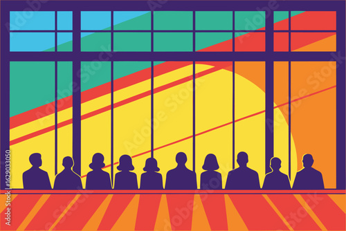 Colorful Abstract Window with Silhouettes of People Sitting glass panes