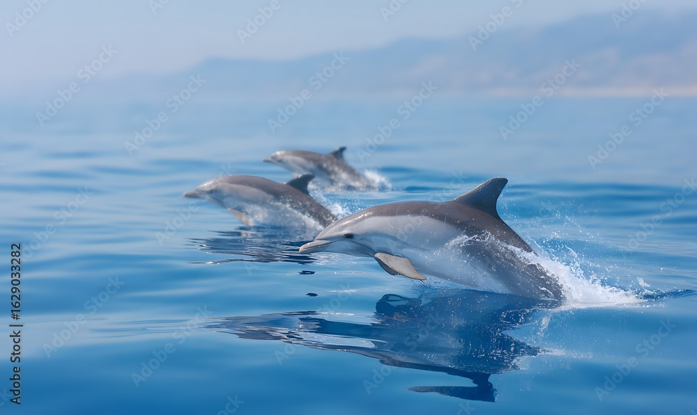 Fototapeta premium A family of dolphins swims in the open ocean. One of the dolphins has leapt out of the water, its entire body suspended in the air