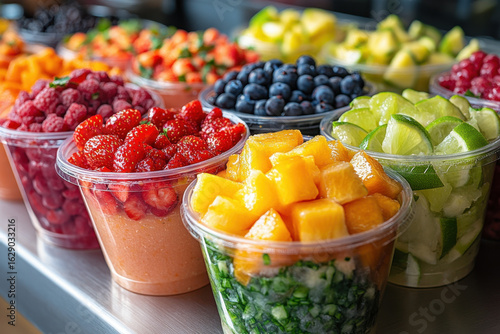 Plastic cups filled with fruit and vegetables.