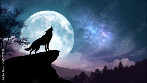 Silhouette of a wolf howling at the moon on a rocky cliffside