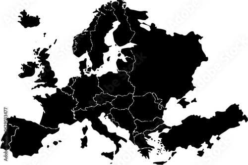 Vector black and white map of europe showing country borders and geographical features in a simple design style