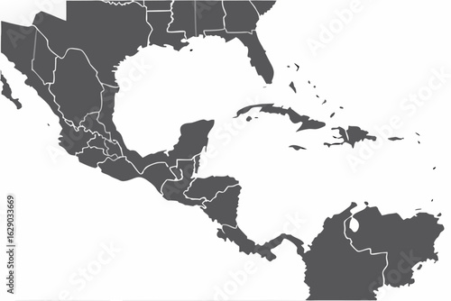 Vector image showing a map of central america mexico and the caribbean islands with detailed borders shown