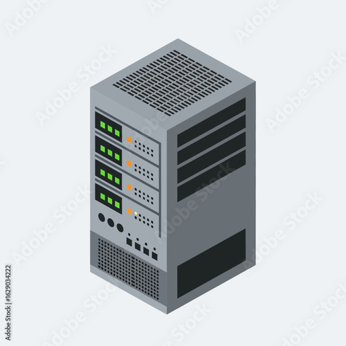Isometric illustration of a server rack against a light background.