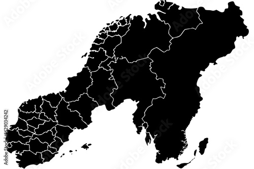 Vector detailed black silhouette map of scandinavia with visible borders and intricate geographical divisions shown