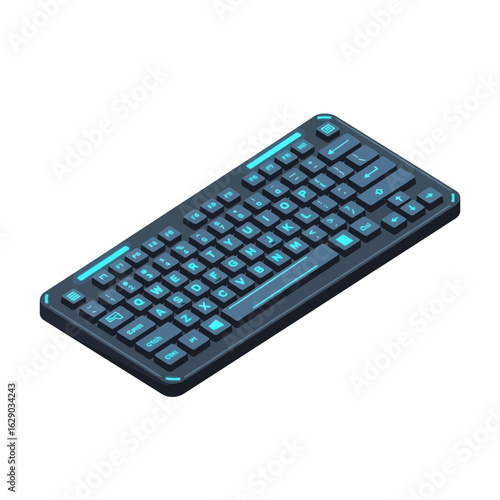 Dark gray computer keyboard with blue backlight isolated on white background.