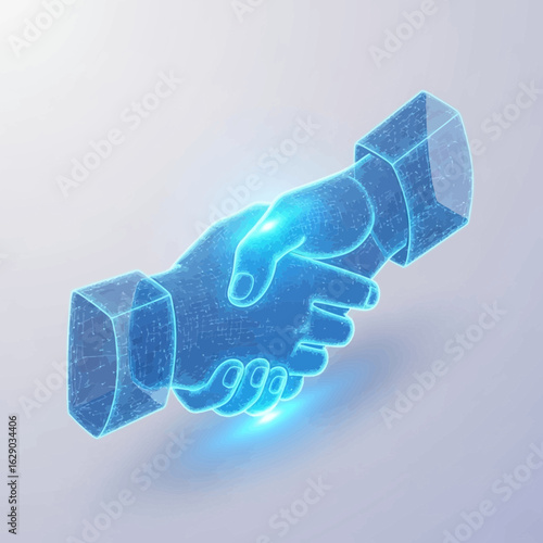 Blue glowing handshake graphic on a light background suggesting agreement or partnership.