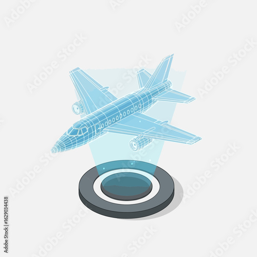 Hologram of a plane above a circular platform on a white background.