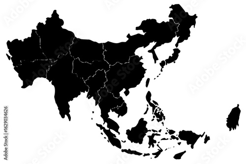 Vector a black and white silhouette map displaying the geographical regions of asia and southeast asia area