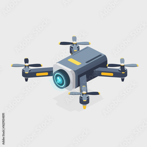 A gray and blue drone with four propellers is isolated on white.
